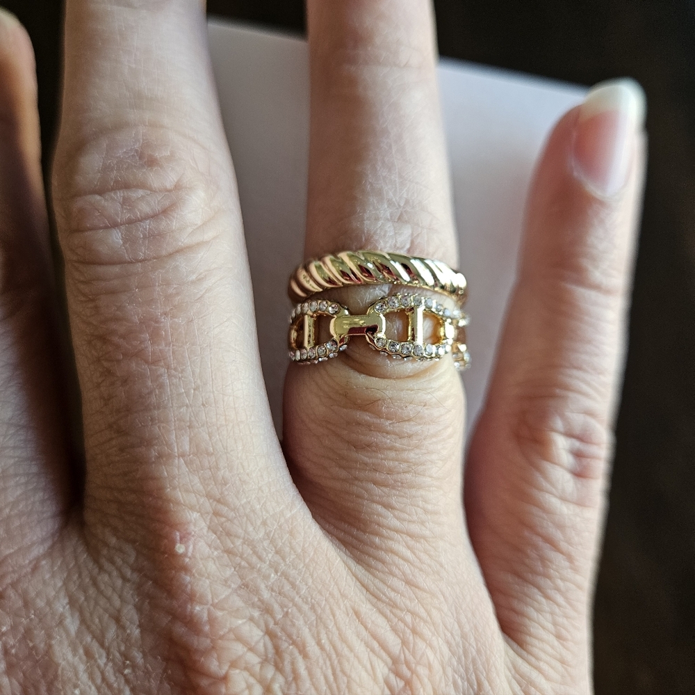 J.Crew Crystal Chain & Textured Band Rings Set, 8, Gold - Picture 5 of 5